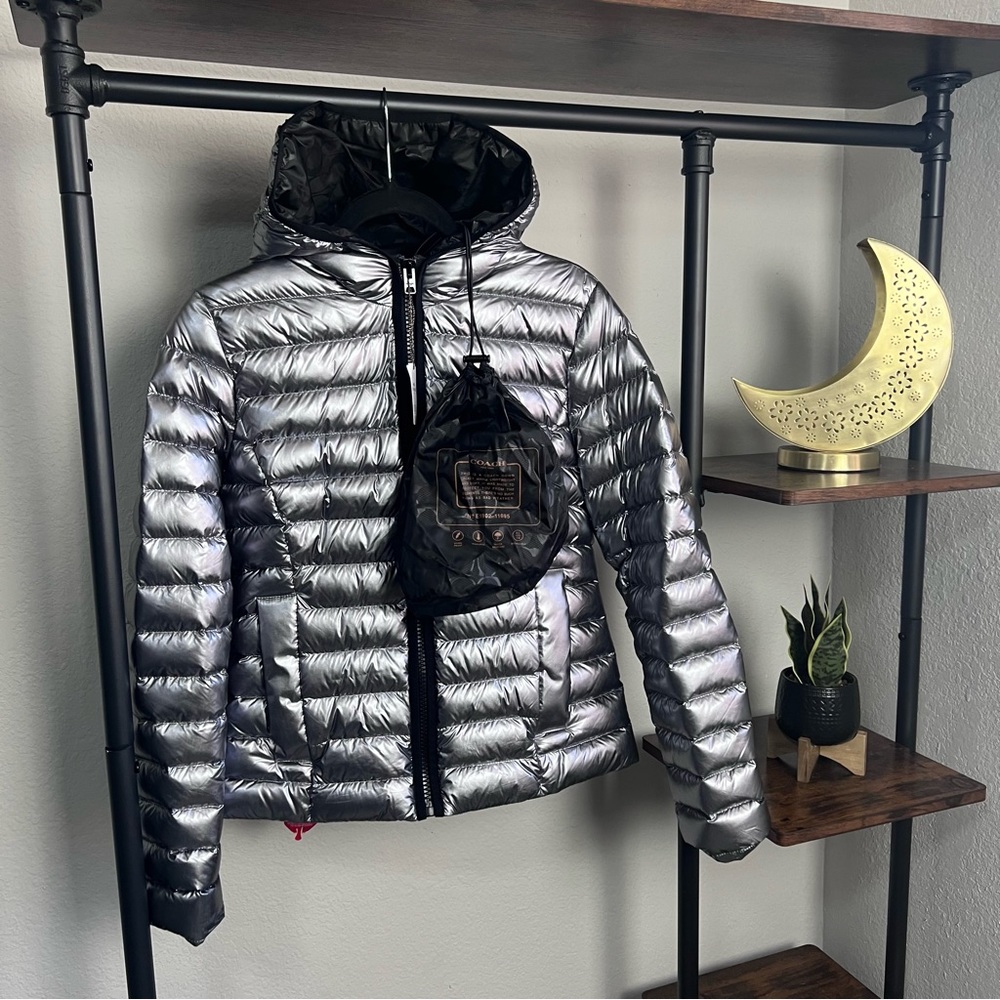 NWT Coach New York Metallic Packable Down Jacket Gray Signature Logo Winter Coat